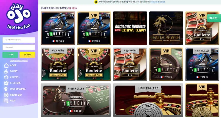 PlayOJO Casino roulette